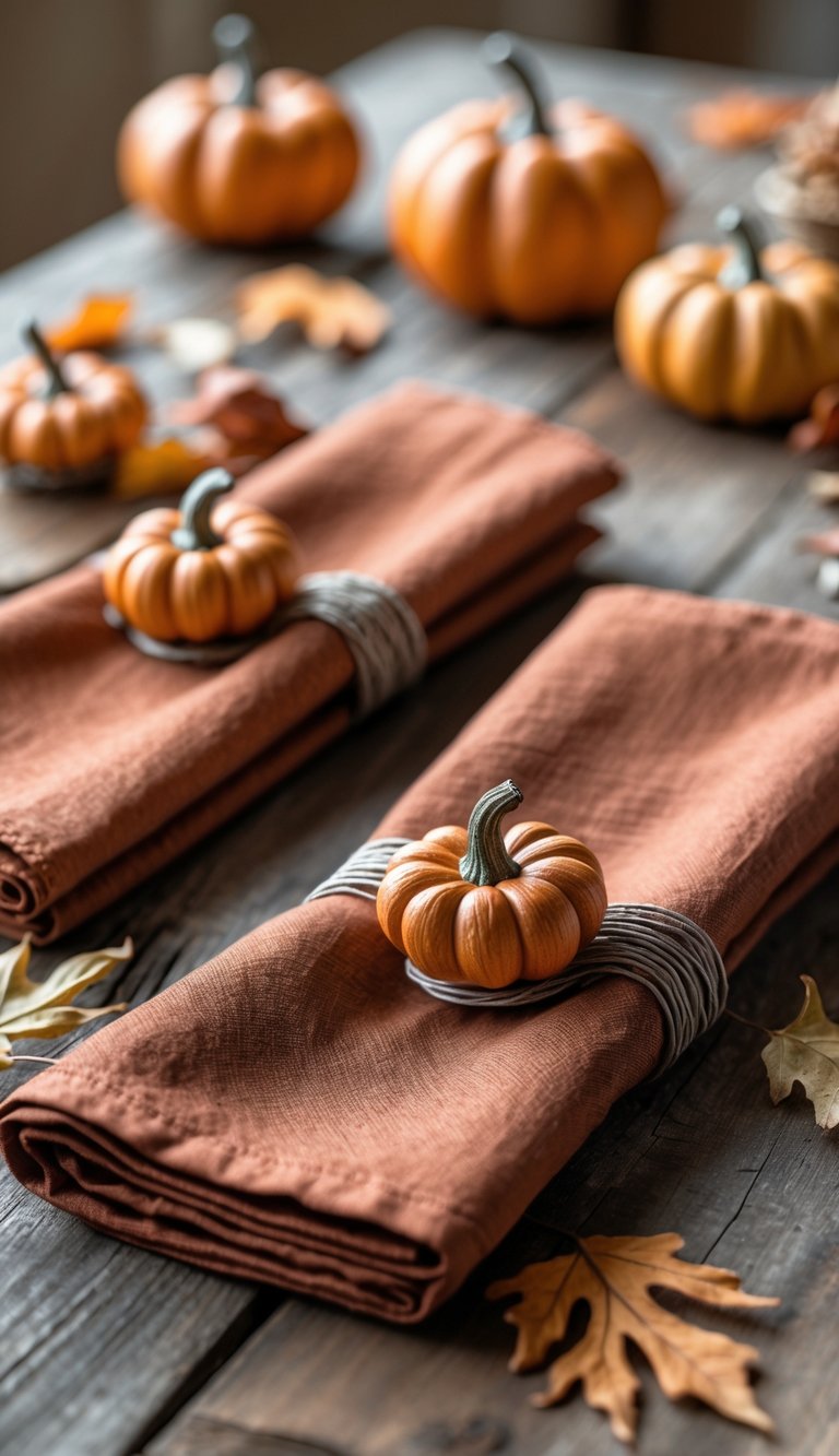 Rust-colored linen napkins wrapped with small pumpkin-shaped napkin rings arranged on a wooden table with autumn decorations.